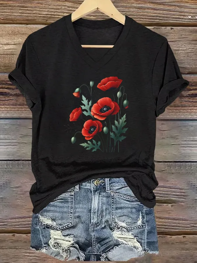 Floral Pattern V-Neck Short-Sleeved T-Shirts