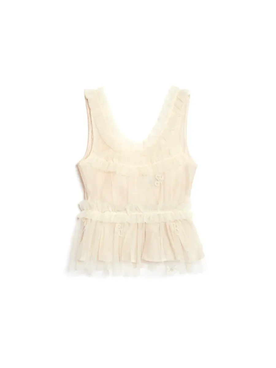 Casual Crew Neck Tulle Ruffle Top