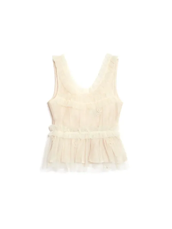 Casual Crew Neck Tulle Ruffle Top