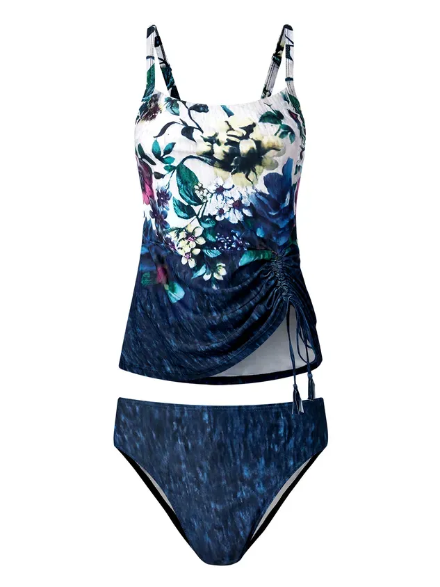 Vacation Floral Printing Scoop Neck Tankinis Two-Piece Set