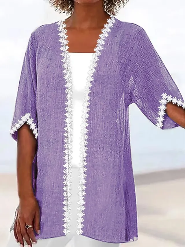 Women's Jacket Kimono Casual Jacket Lace Solid Color Comfortable Boho Loose Fit Outerwear 3/4 Length Sleeve Summer Light Blue Gary S M L