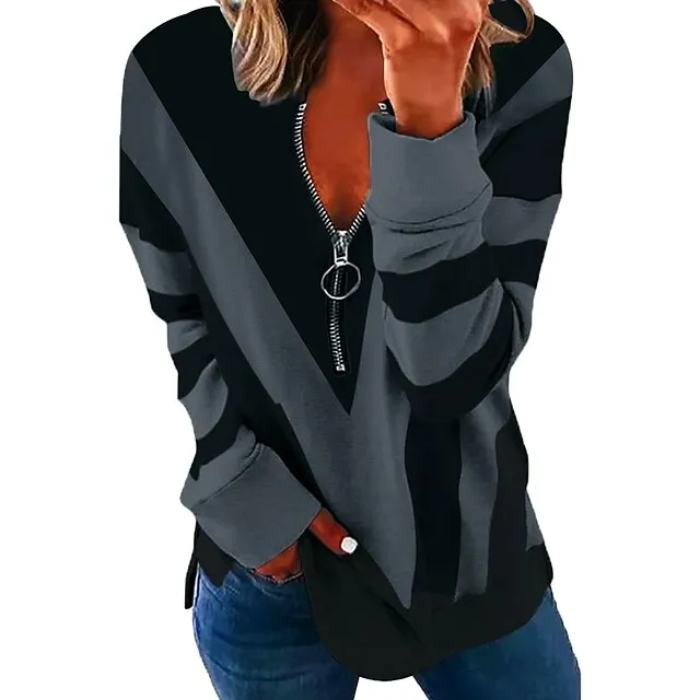 Women's Sweatshirt Pullover Color Block Abstract Streetwear Basic Zipper White Blue Purple Casual V Neck Long Sleeve Spring &  Fall Fall & Winter