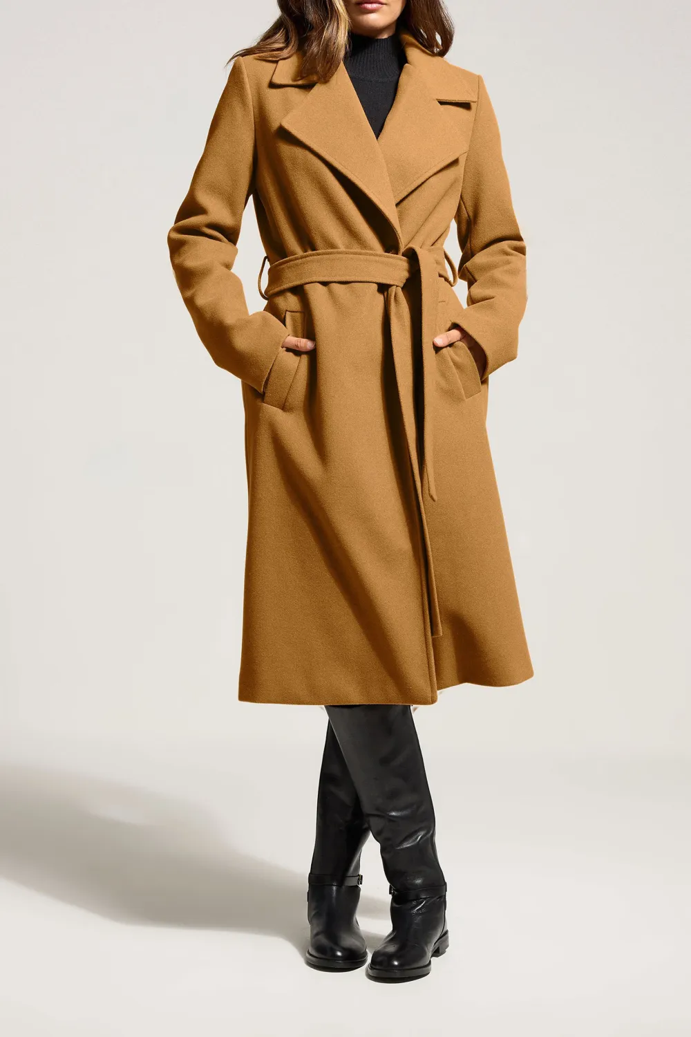 Side Pockets Formal Wrap Belted Midi Coat