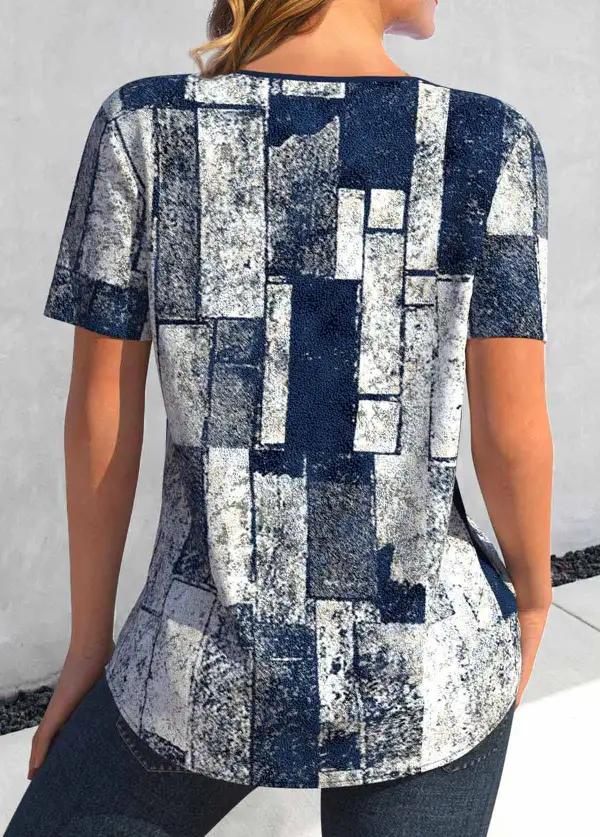 Navy Lace Up Geometric Print Short Sleeve Blouse