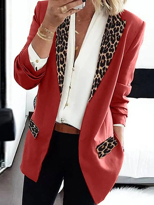 Women's Blazer Regular Print Coat Black Pink Wine Khaki Orange Casual Street Fall Open Front Turndown Regular Fit S M L XL XXL 3XL / Daily / Warm / Leopard