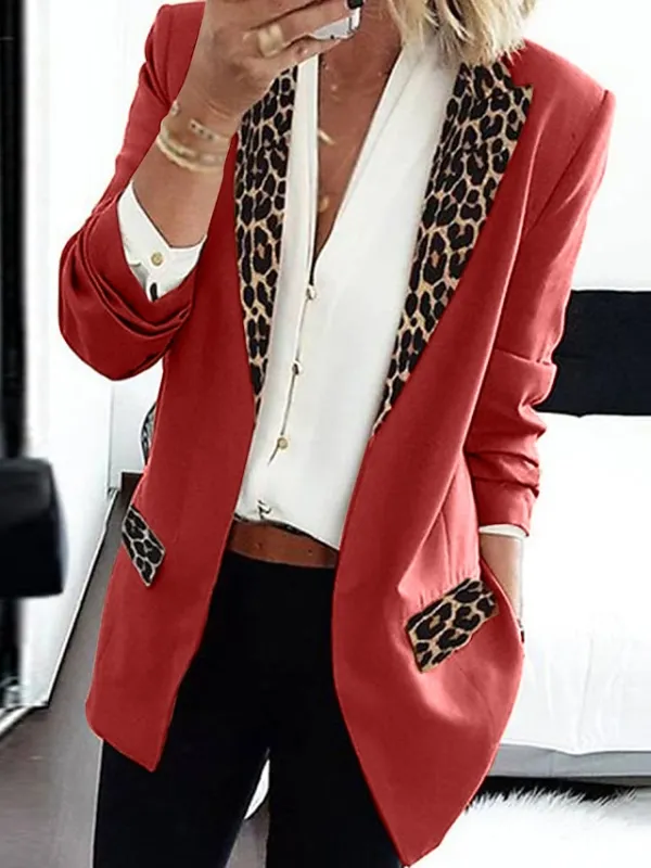 Women's Blazer Regular Print Coat Black Pink Wine Khaki Orange Casual Street Fall Open Front Turndown Regular Fit S M L XL XXL 3XL / Daily / Warm / Leopard