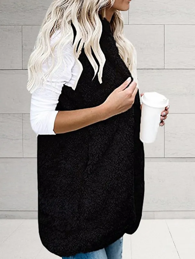 Women's Vest Teddy Coat Gilet Sherpa Jacket with Hood Outdoor Street Going out Fall Winter Regular Coat Regular Fit Warm Breathable Cute Casual Jacket Sleeveless Solid Color Pocket White Black Gray