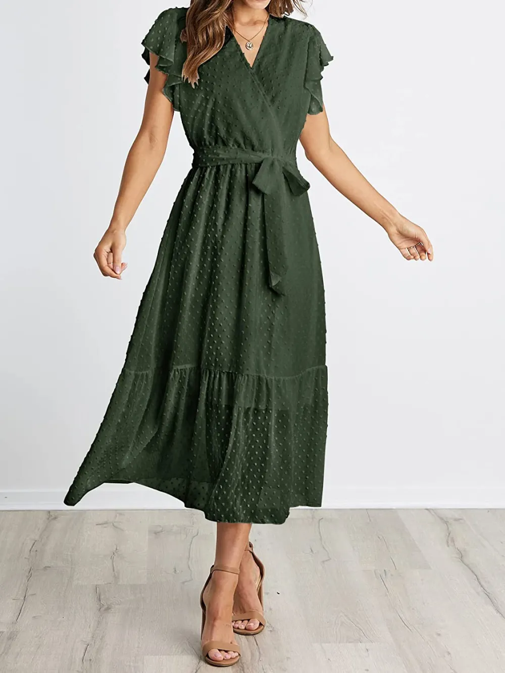Women Summer Bohemian Floral Casual Wrap V Neck Ruffle Cap Sleeveless Belt A-Line Pleated Hem Swing Midi Sun Dress