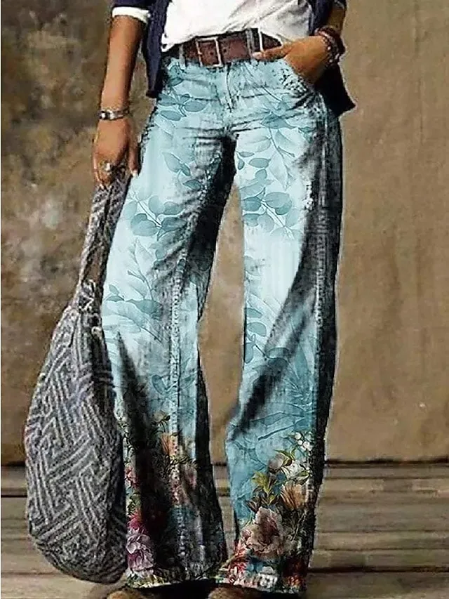 Women's Jeans Bootcut Wide Leg Full Length Faux Denim Wide Leg Print Micro-elastic Mid Waist Fashion Casual Weekend flower number 6 flower number 18 S M