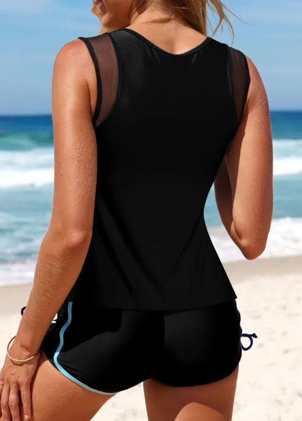 Black Mid Waisted Multi Stripe Print Tankini Set