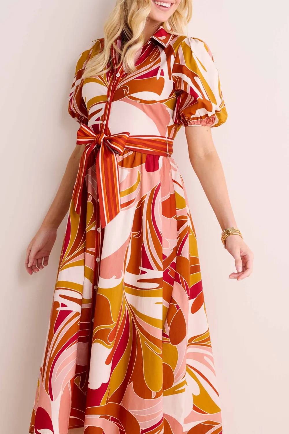 Orange Abstract Print Tie-Waist Midi Dress