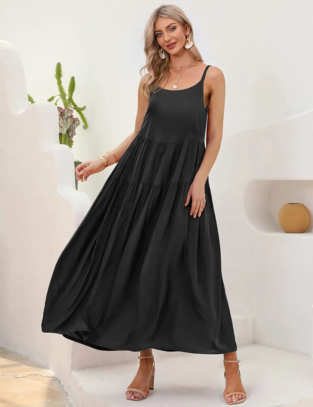 Summer Dresses for Women Casual Loose Bohemian Floral Dress with Pockets Spaghetti Strap Maxi Dress E75