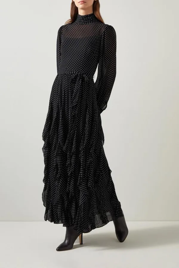 Black Polka Dot Ruffled Maxi Dress