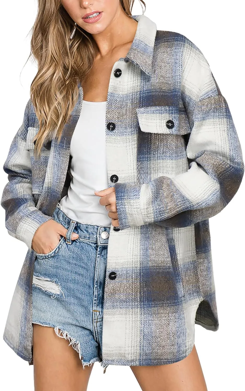 Women's Flannel Plaid Shacket Long Sleeve Button Down Chest Pocketed Shirts Jacket Coats