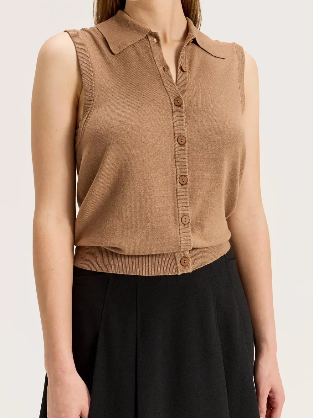 Light Brown Sleeveless Knit Polo Top