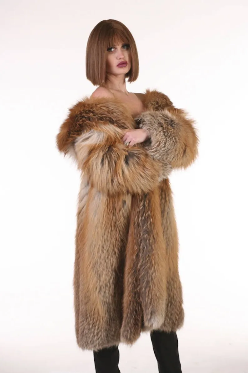 Full Length Red Fox Fur Coat Hooded