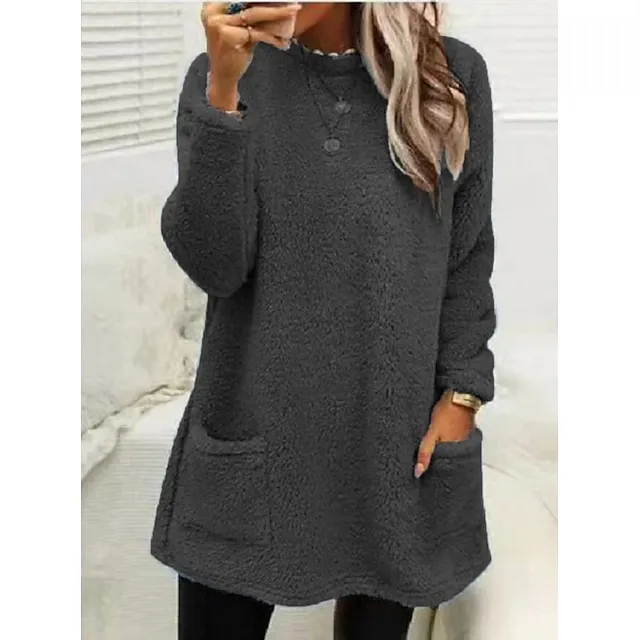 Women's Sweatshirt Pullover Sherpa Fleece Teddy Pocket Marron Black Blue Solid Color Street Casual Round Neck Long Sleeve Fleece S M L XL 2XL 3XL