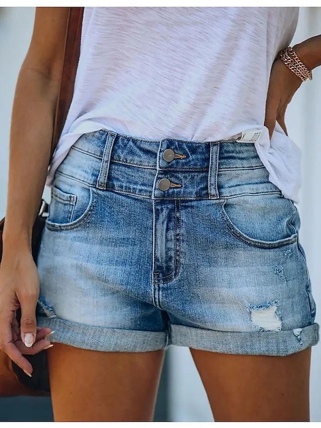 Women's Jeans Shorts Denim Blue Dark Blue Black Mid Waist Fashion Office Casual Baggy Micro-elastic Short Comfort Plain S M L XL XXL