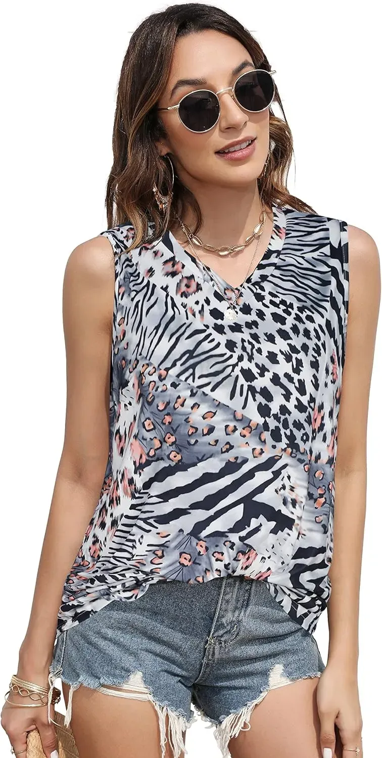 Summer Tops for Women Sleeveless V Neck Tshirt Loose Fit Casual Tank Tunic Blouse