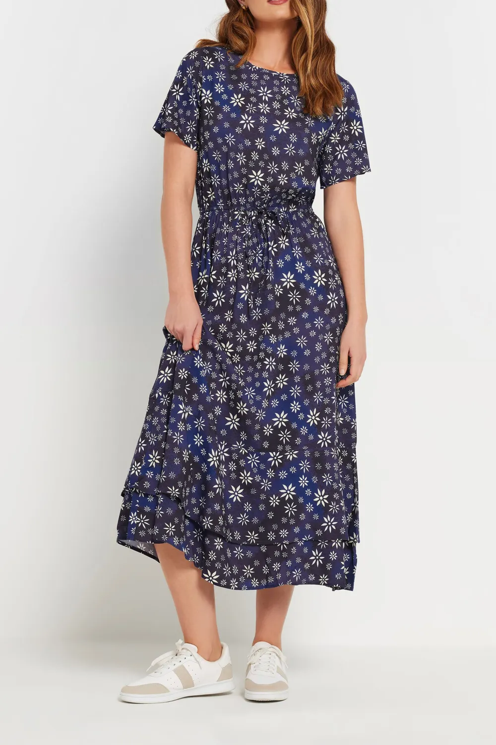 Casual Style Navy Blue Ditsy Floral Tie Waist Dress