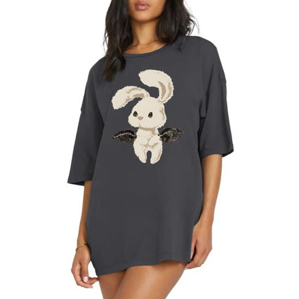 A Cartoon Rabbit With Black Wing Patterns On Both Sides, Cute And Fresh Style, Loose And Casual T-Shirt.