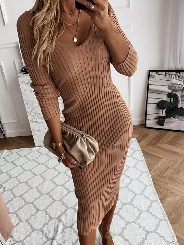 Women‘s Sweater Dress Winter Dress Sheath Dress Midi Dress Black Red Blue Long Sleeve Pure Color Ruched Spring Fall Winter V Neck Fashion Vacation Fall Dress 2023 S M L XL XXL 3XL 4XL 5XL