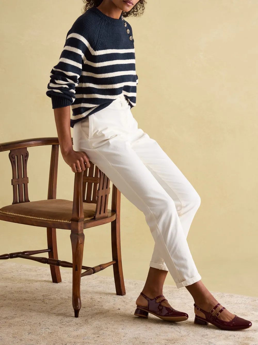 Navy Striped Button Neck Jumper