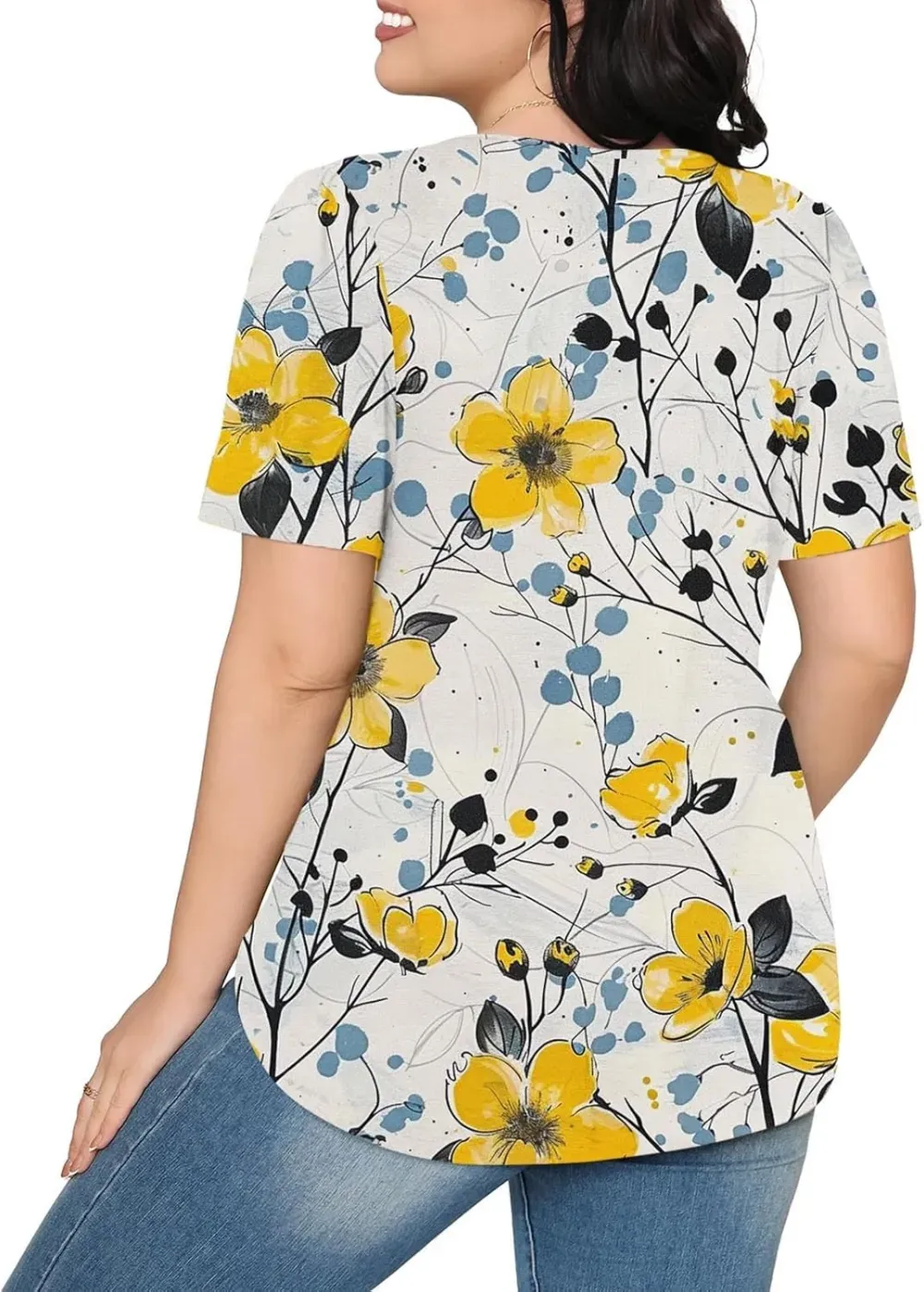 Womens Summer Pleated Front Shirts Tunics Casual Short Sleeved Loose Round Neck Boho Printed Tops Vacation Blouse