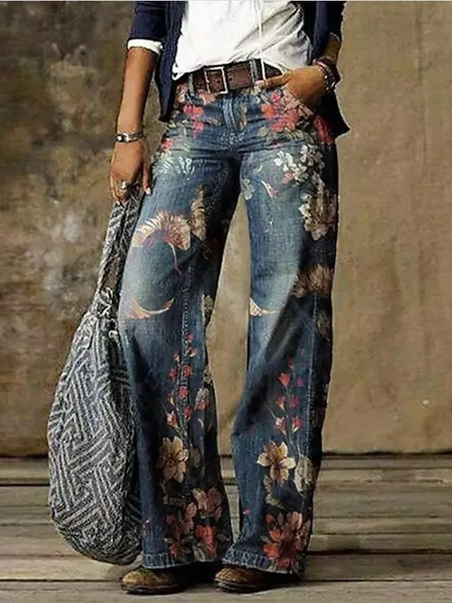Women's Wide Leg Pants Trousers Faux Denim Blue red Blue pink Blue khaki Mid Waist Fashion Casual Wide Leg Print Micro-elastic Full Length Comfort Flower / Floral S M L XL 2XL