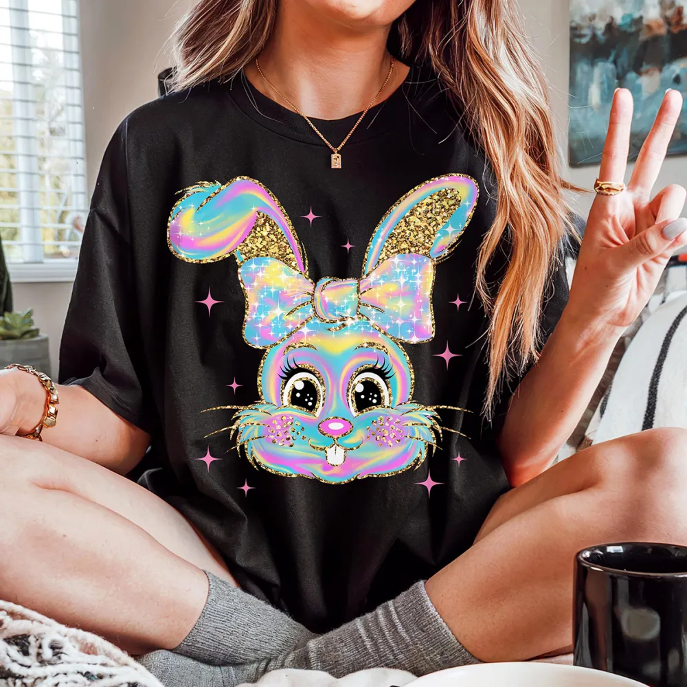 T-shirt Colorful Sequin Easter Bunny Women Printed Round Neck Short Sleeve