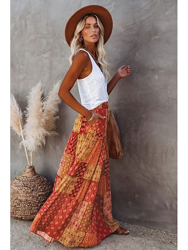 Women's Skirt Swing Long Skirt Maxi Red Blue Purple Orange Skirts Spring & Fall Ruffle Print Fashion coastal grandma style Boho Holiday Casual Daily S M L