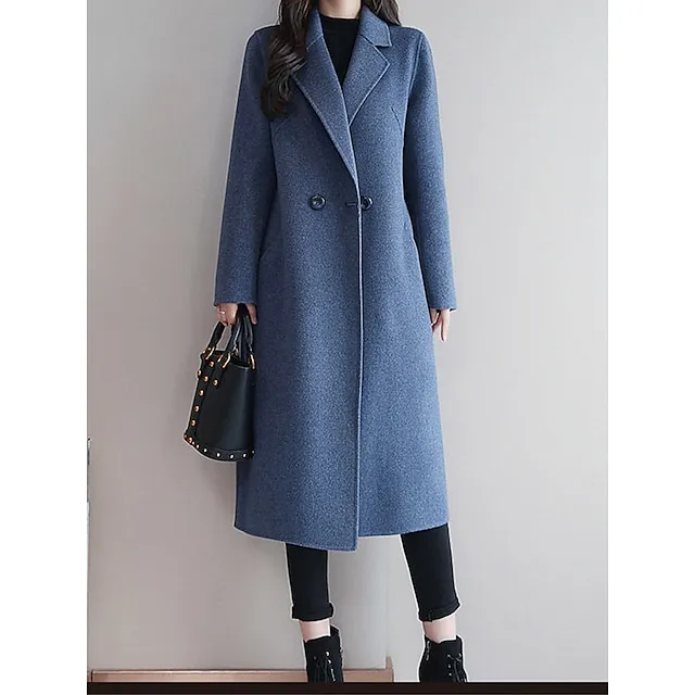 Women's Winter Coat Long Overcoat Double  Breasted Lapel Pea Coat Thermal Warm Windproof Trench Coat Stylish Contemporary Modern Jacket Long Sleeve with Pockets Black Yellow Red