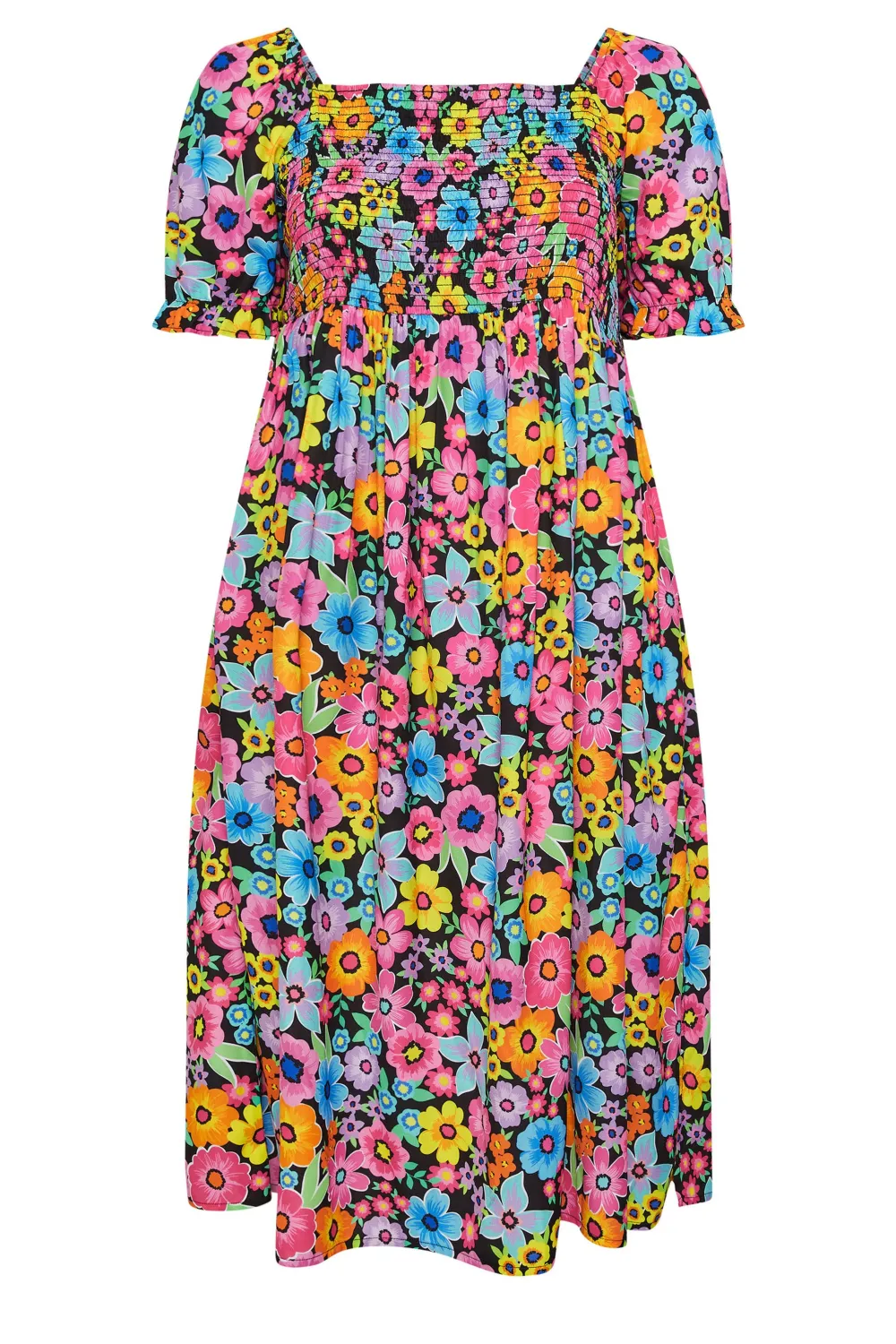 YOURS Curve Blue Floral Print Shirred Midaxi Dress