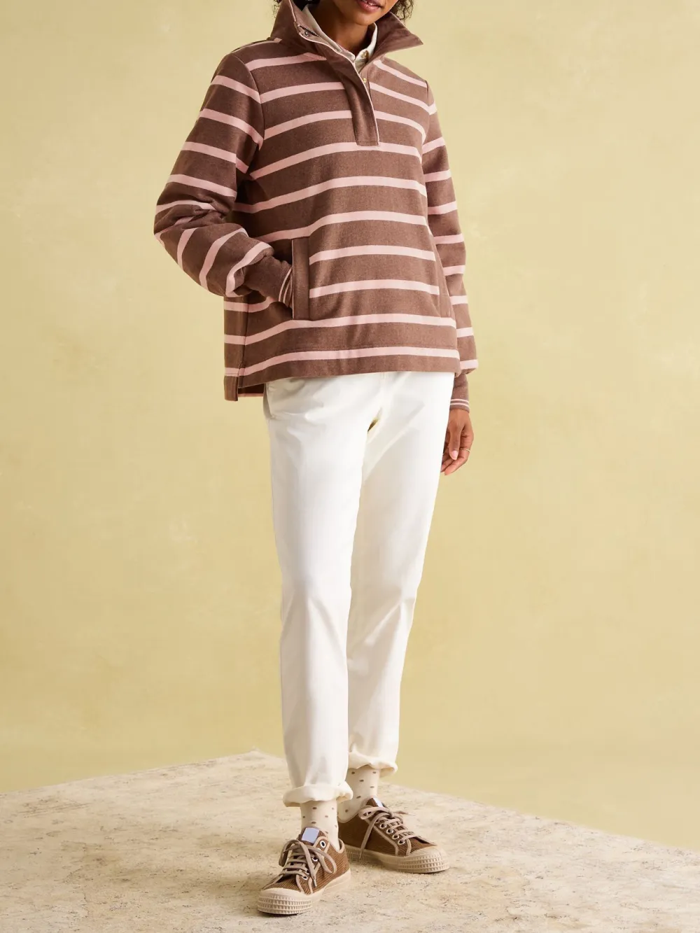 Chocolate Brown pink Funnel Neck Quarter Zip Sweatshirt