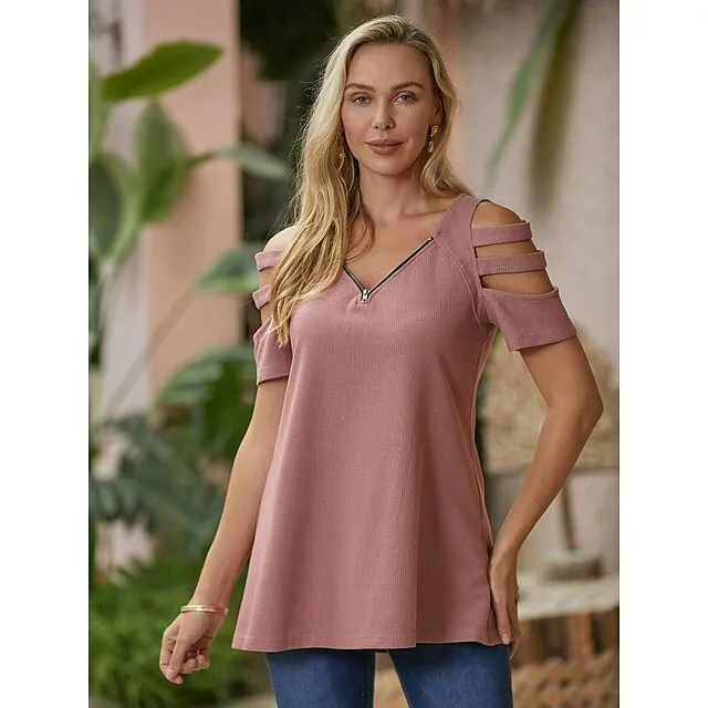 Blouse Women's Pink Plaid Zipper Cut Out Street Going out Basic V Neck S