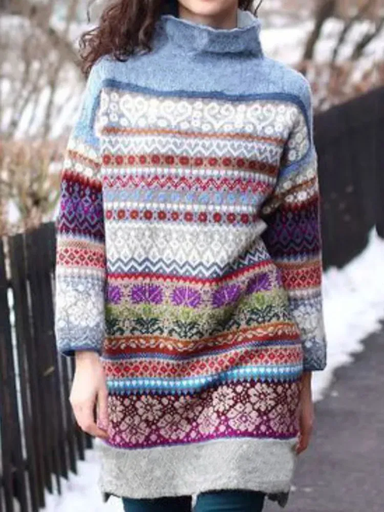 Fairman Isle Rainbow Print Turtleneck Long Sleeve Knit Midi Dress