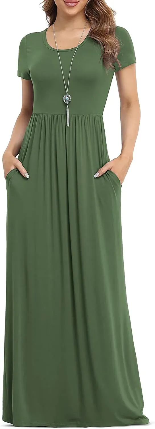 Women's Short Sleeve Loose Plain Maxi Dresses Casual Long Dresses with Pockets