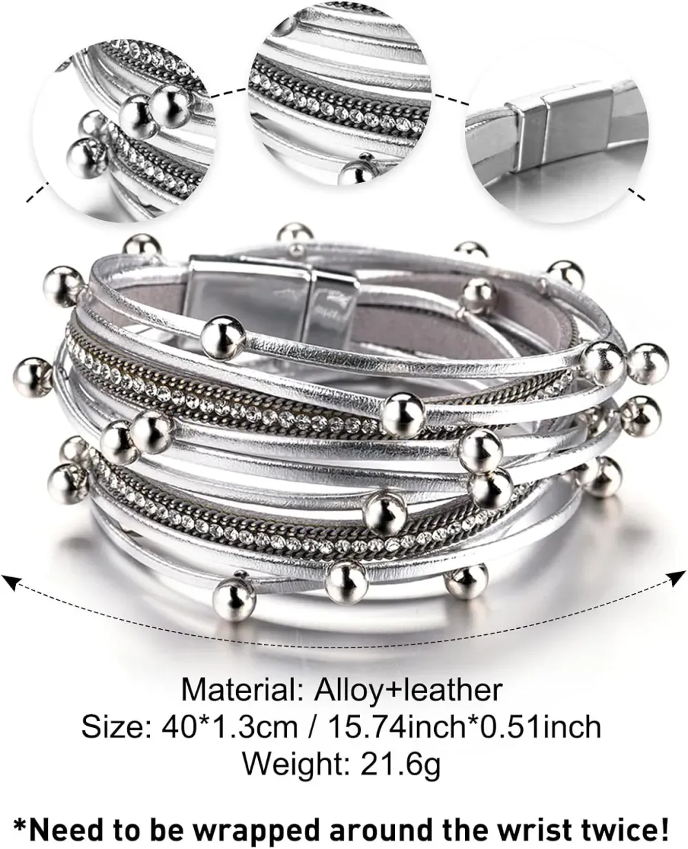 Fesciory Leather Wrap Bracelets for Women, Boho Leopard Multi-Layer Crystal Beads Cuff Bracelet Jewelry