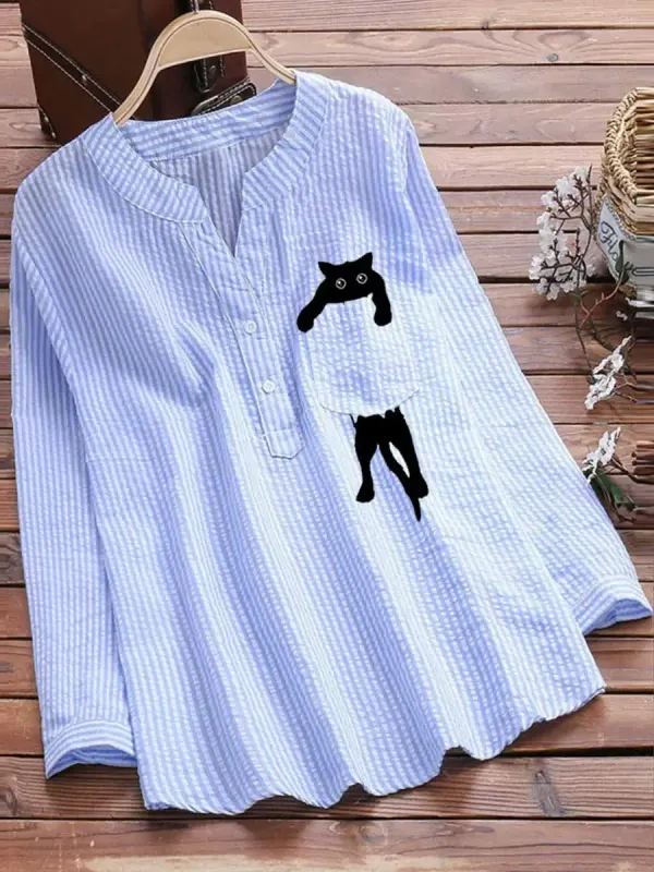 V-neck Cotton And Linen Striped And Cat Print Long Sleeve Blouse