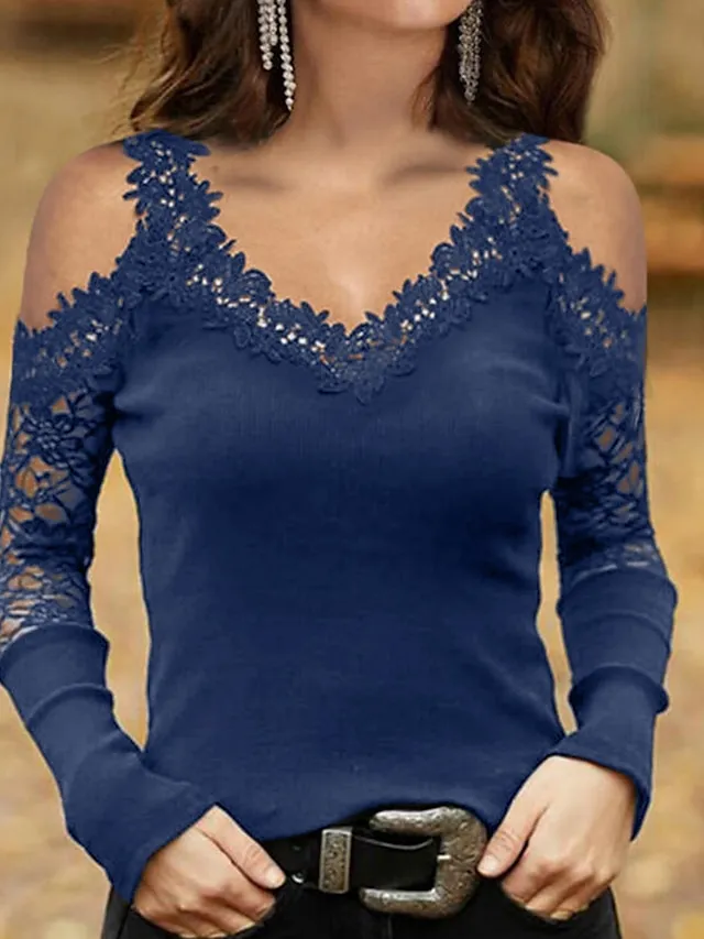 Women's T shirt Tee Going Out Tops Burgundy Tee Plain Casual Weekend Black Wine Blue Lace Cut Out Long Sleeve Basic Off Shoulder V Neck Regular Fit Fall & Winter