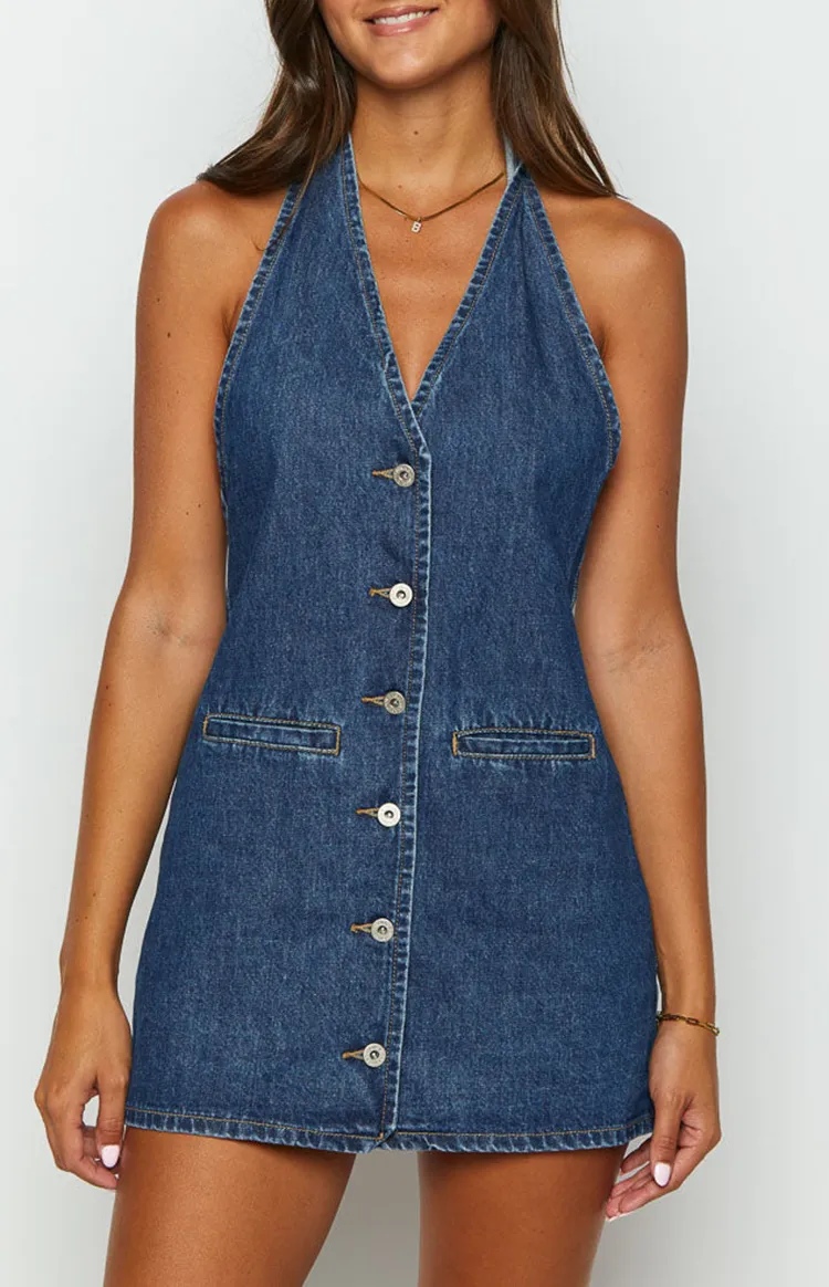 Denim Halter Neck Button Front Mini Dress