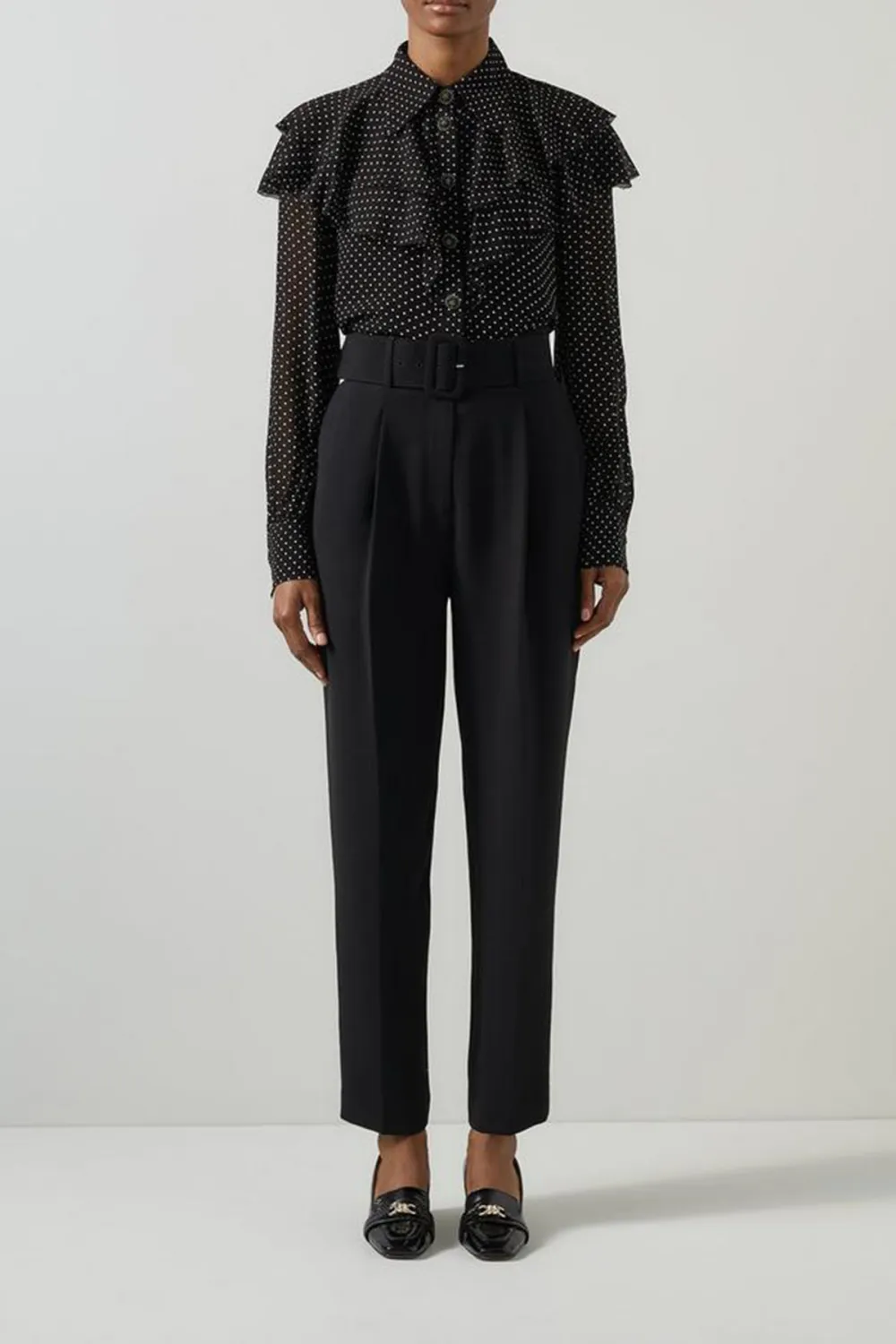 Black Polka Dot Ruffle Trim Long Sleeve Shirt