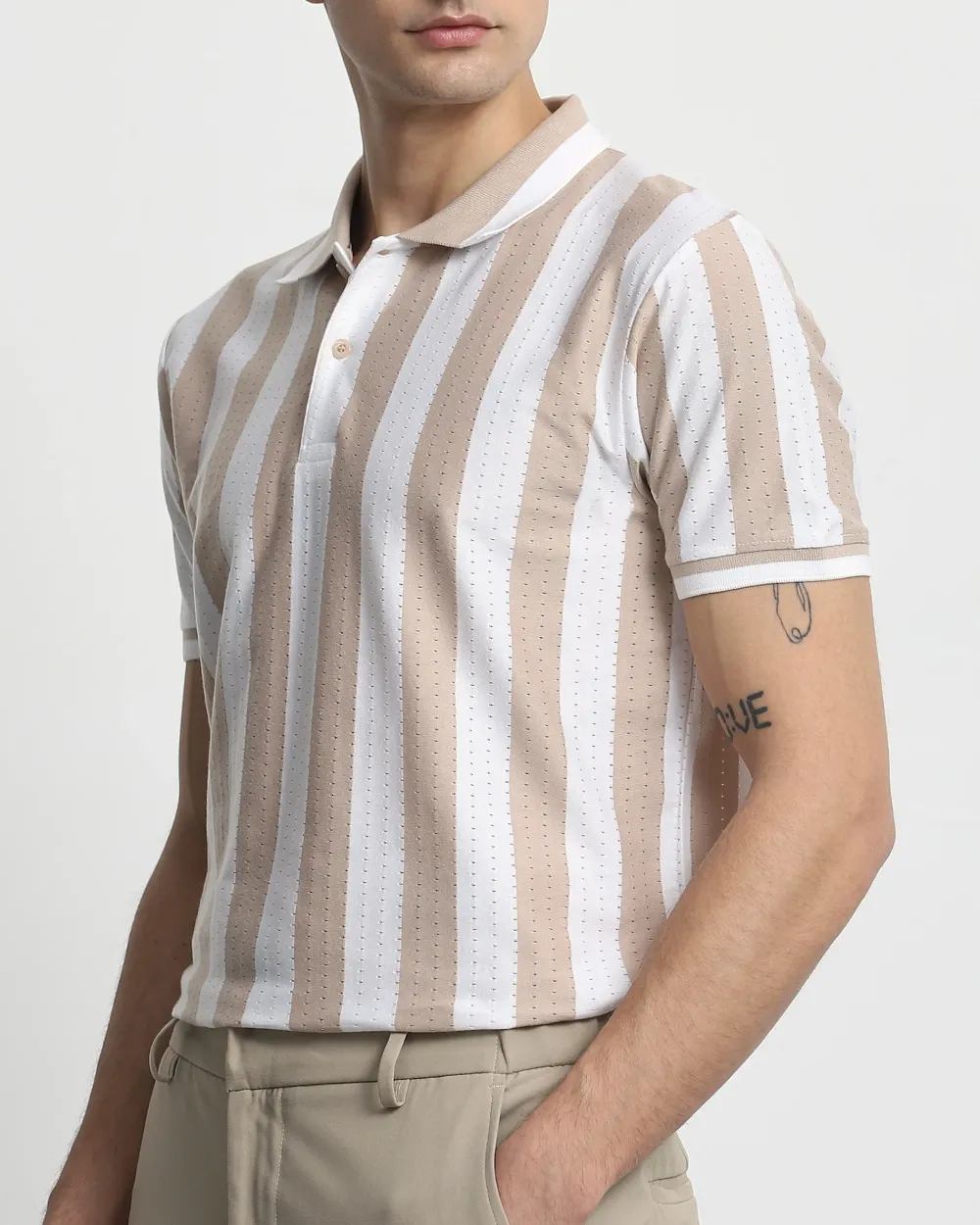 Daily Simple And Slimming Beige Striped Textured Polo Shirt