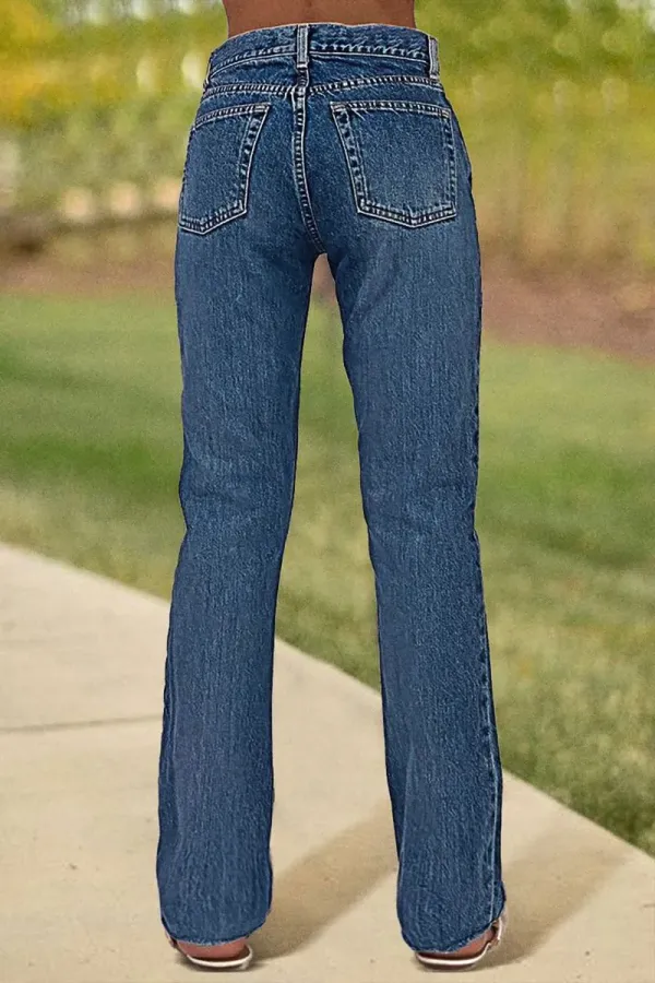 Button Fly Mid Waist Straight Leg Jeans