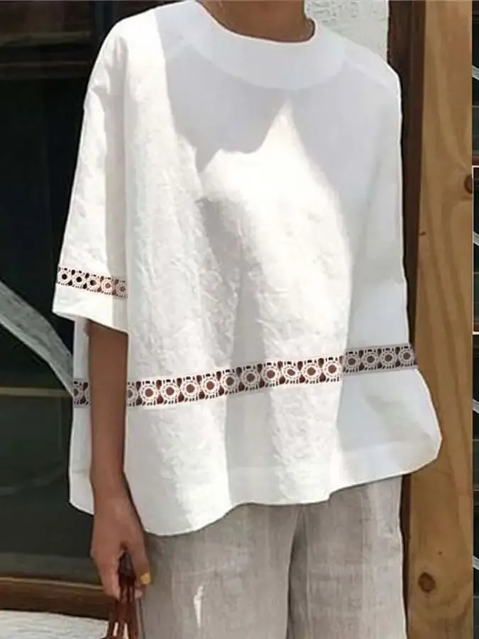 Women's Elegant Lace Loose Round Neck Shirt