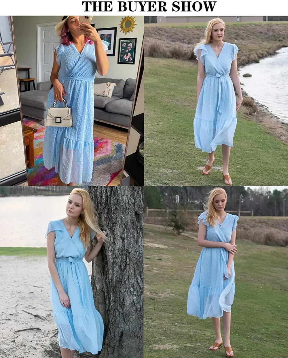 Women Summer Bohemian Floral Casual Wrap V Neck Ruffle Cap Sleeveless Belt A-Line Pleated Hem Swing Midi Sun Dress