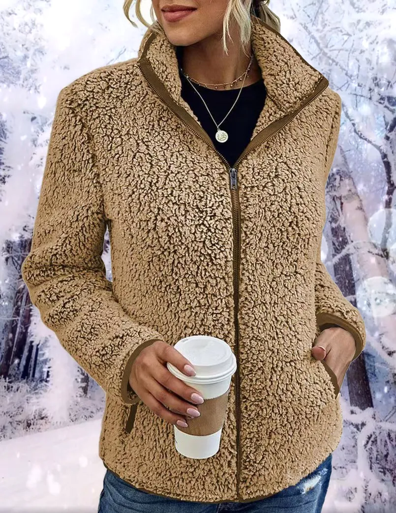 Solid Stand Collar Fleece Coat