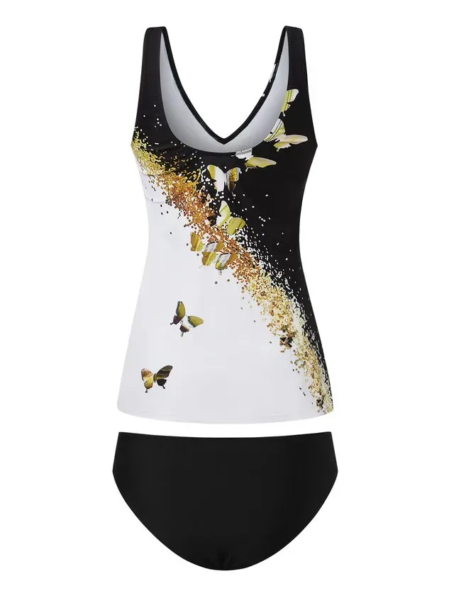 Vacation Abstract Printing V Neck Tankinis Two-Piece Set