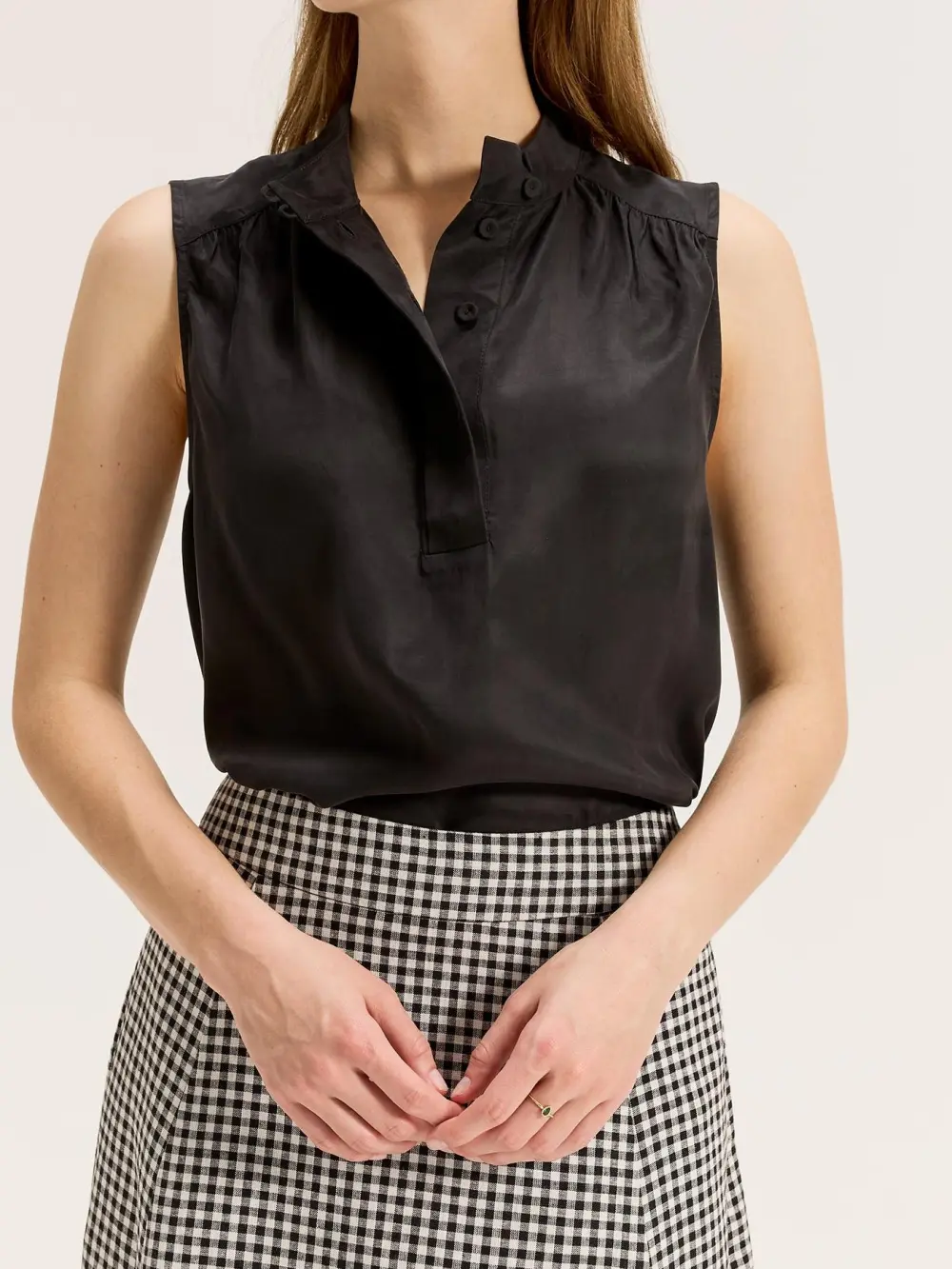 Black High Neck Button Tank Tops