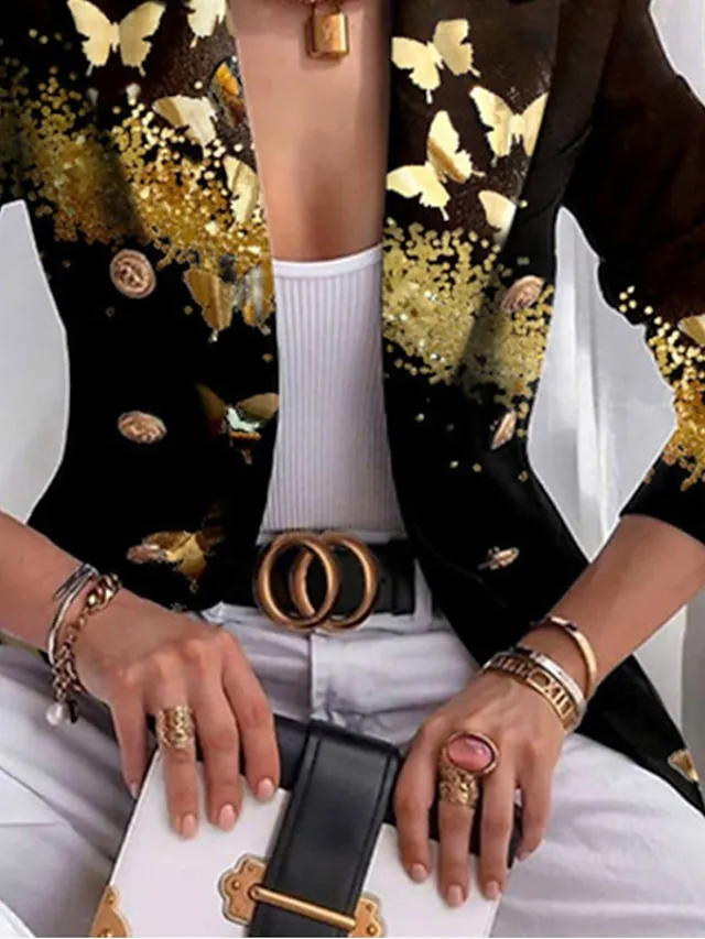 Women's Blazer Outdoor Daily Going out Fall Spring Regular Coat Regular Fit Breathable Streetwear Casual Jacket Long Sleeve Butterfly Pocket Gold